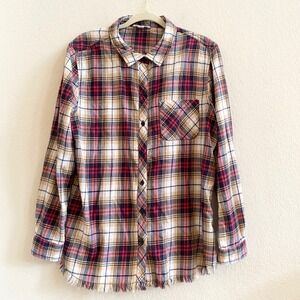 beachlunchlounge collection Womens Large Plaid Button Down Shirt Fringed Hem
